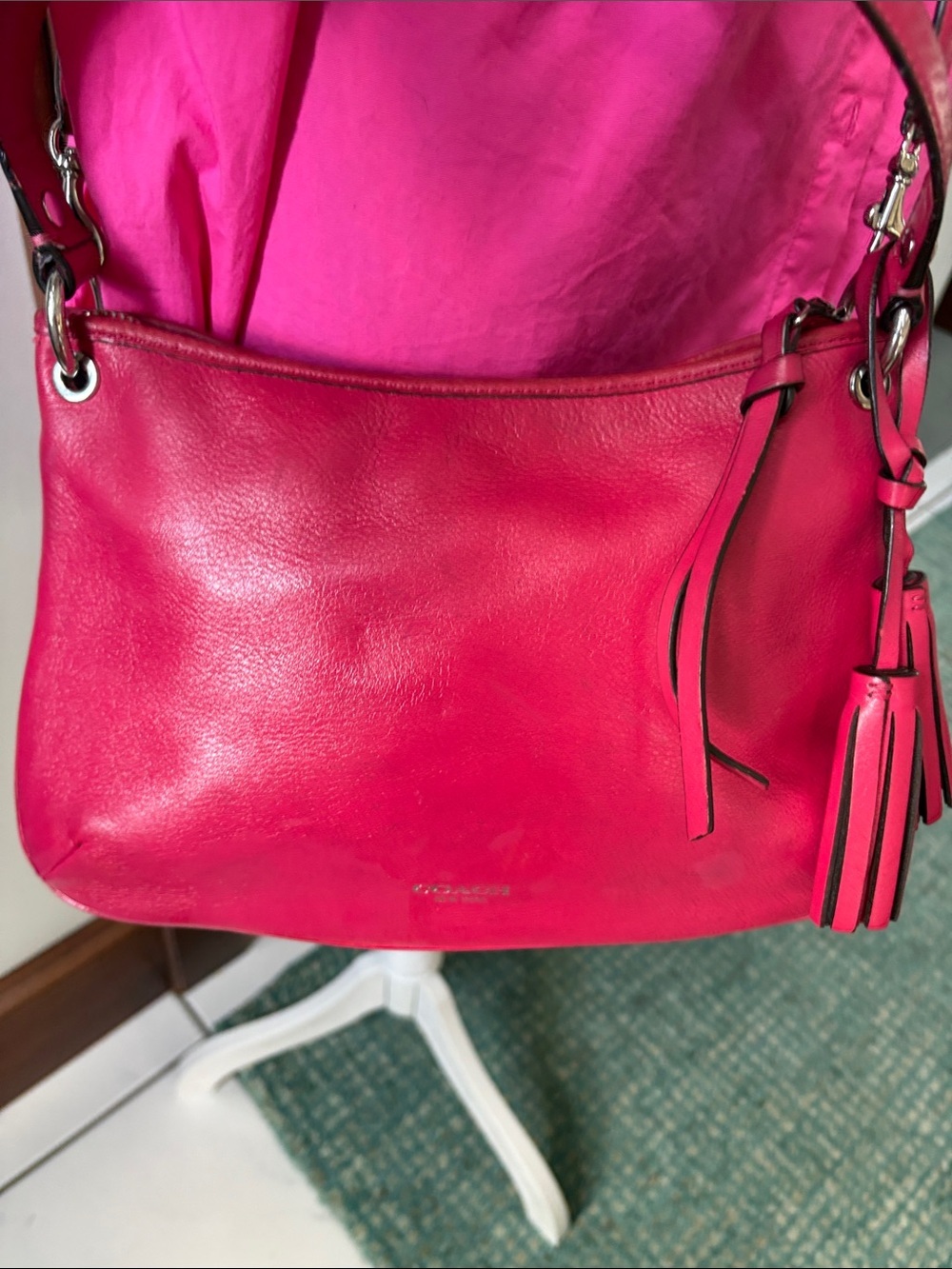 Coach  Crossbody bag  satchel shoulder bag /Tassels  pebble Leather pinkish red